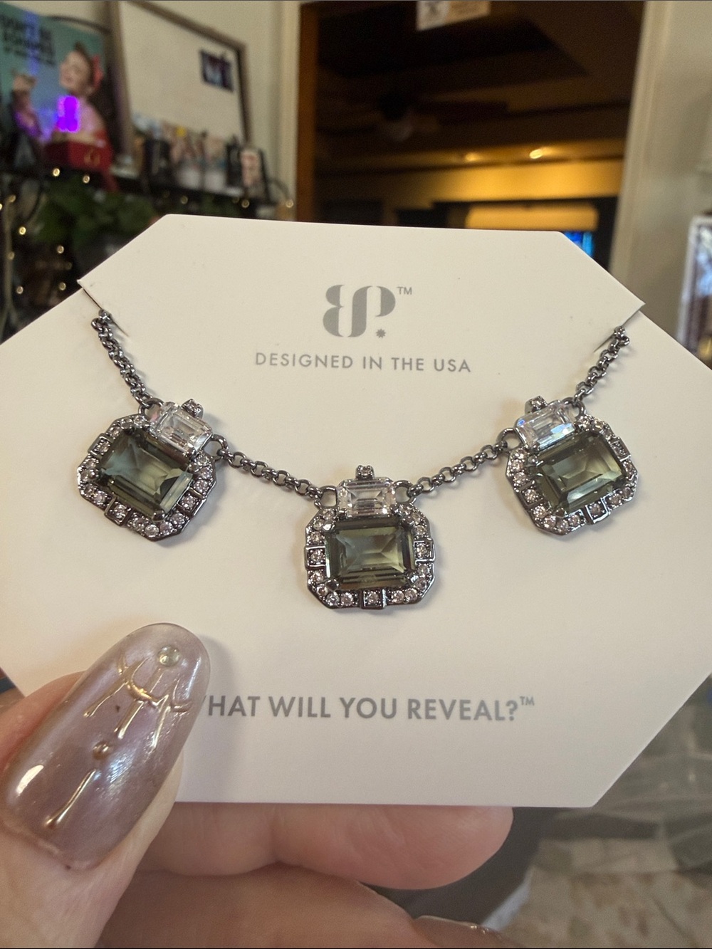 JP Silver Necklace with Square Green Gemstones and Crystal Accents